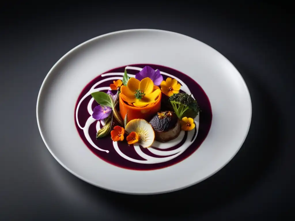 Una obra de arte culinaria vegana gourmet: plato colorido con vegetales asados y flores comestibles sobre fondo oscuro