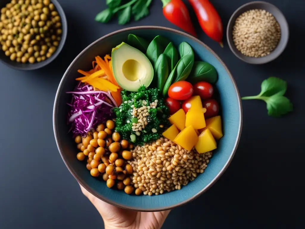 Una obra de arte culinaria vegana equilibrada con una explosión de colores y texturas