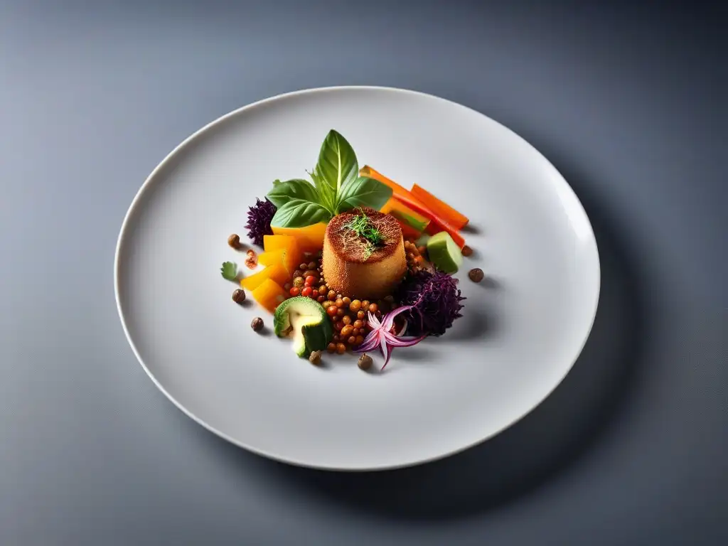 Una obra de arte culinaria vegana: fusión gastronomía vegana internacional en un plato vibrante y moderno
