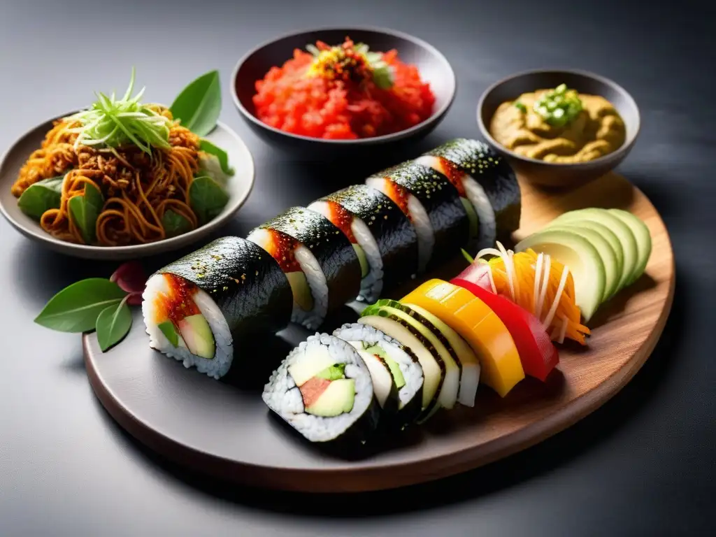 Una obra de arte culinaria vegana mundial: sushi, curry, tacos y ensaladas de diversos países en una cocina moderna