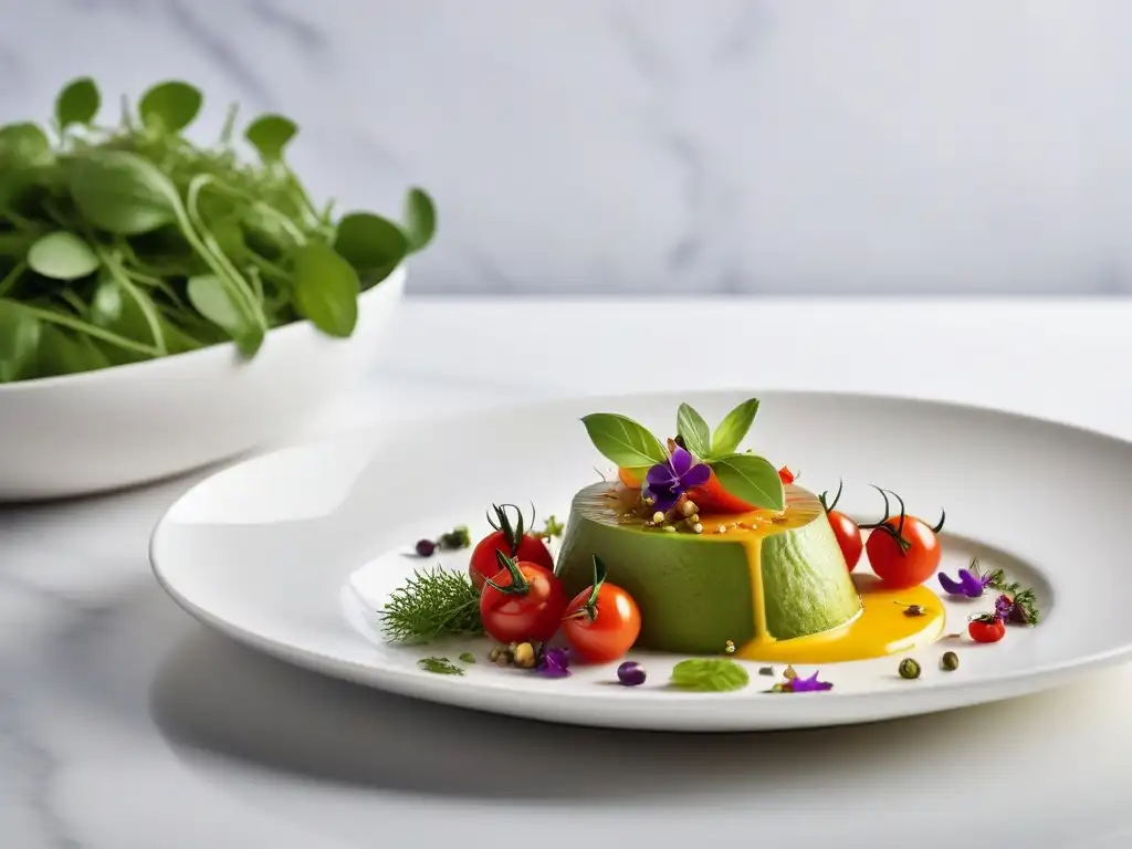 Una obra de arte culinaria vegana fusion en una cocina moderna