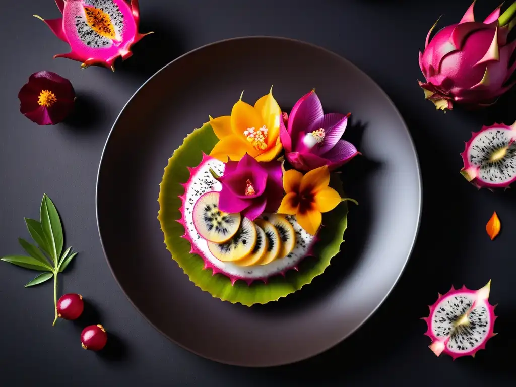 Una obra de arte culinaria vegana con ingredientes exóticos como pitahaya, maracuyá y carambola, en un elegante plato blanco