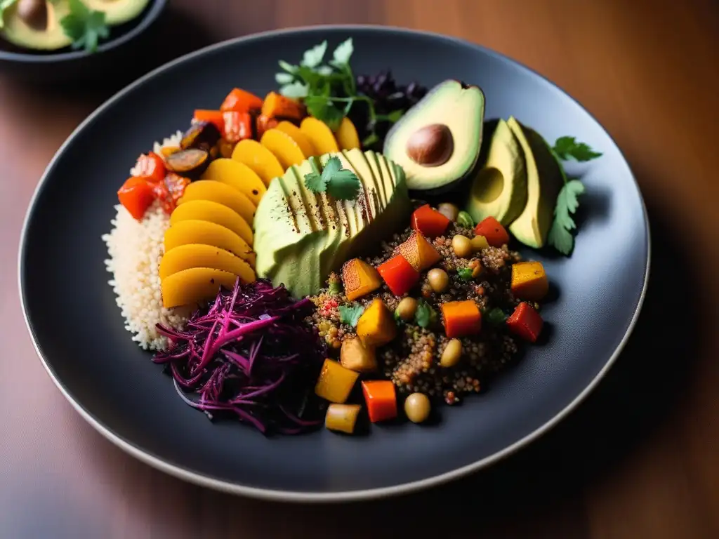 Una obra de arte culinaria vegana en Sudamérica: plato colorido con quinoa, aguacate, verduras asadas y frutas exóticas