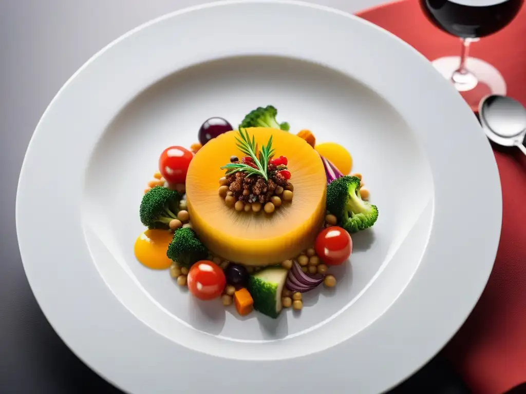 Una obra de arte culinaria vegana de autor lujo: colorida, fresca y sofisticada, en un elegante plato blanco