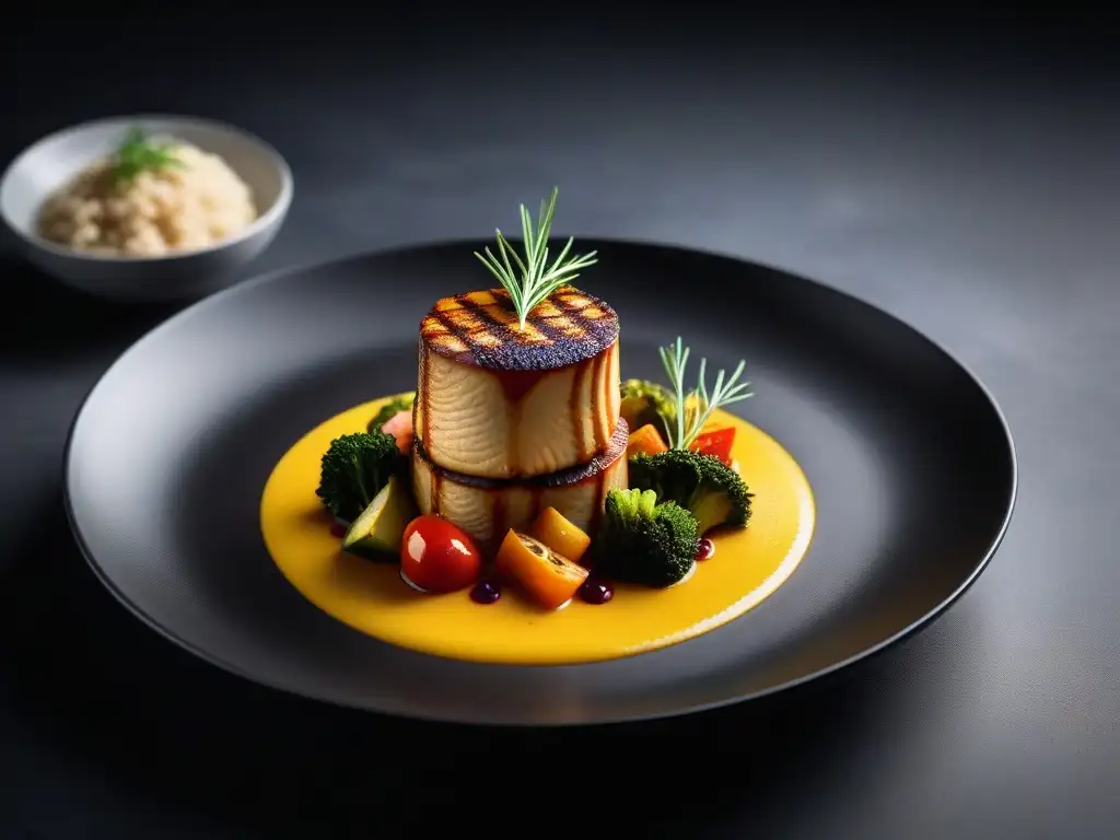 Una obra de arte culinaria vegana con cocción baja temperatura, resaltando colores y texturas vibrantes en un plato minimalista