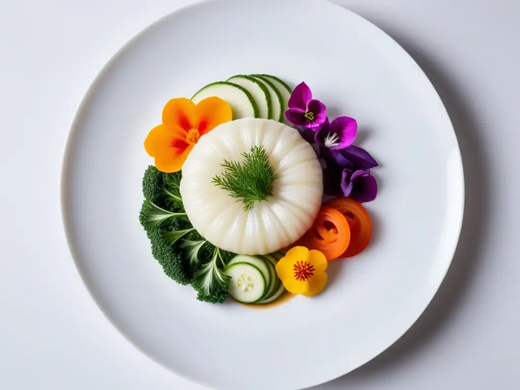 Una obra de arte culinaria vegana con verduras cocidas a baja temperatura en un plato blanco, adornadas con hierbas frescas y flores comestibles