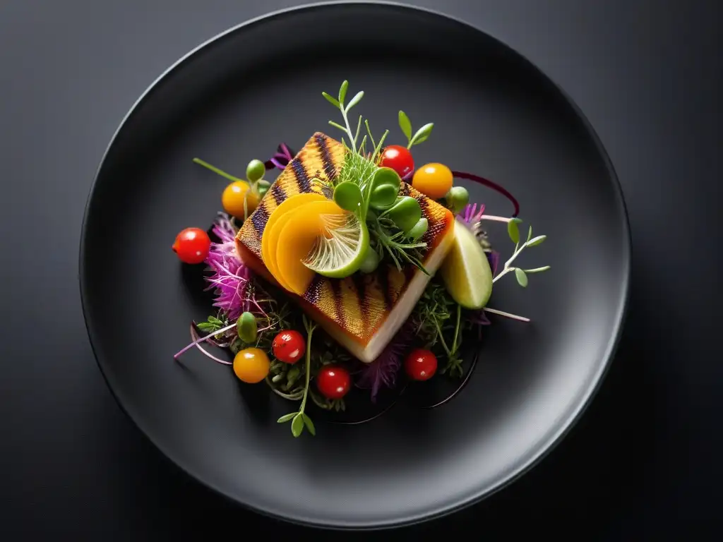 Una obra de arte culinaria vegana con técnicas avanzadas, colores vibrantes y presentación elegante