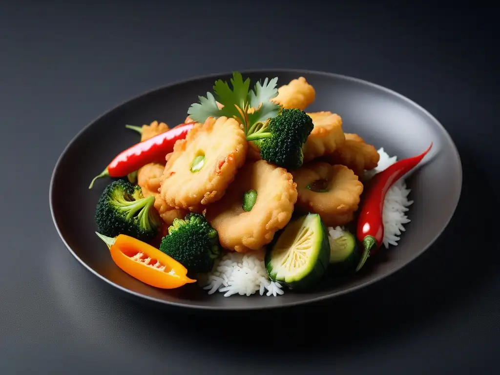 Una obra de arte culinaria vegana: tempura dorada y crujiente con vegetales coloridos, presentada en un plato blanco minimalista