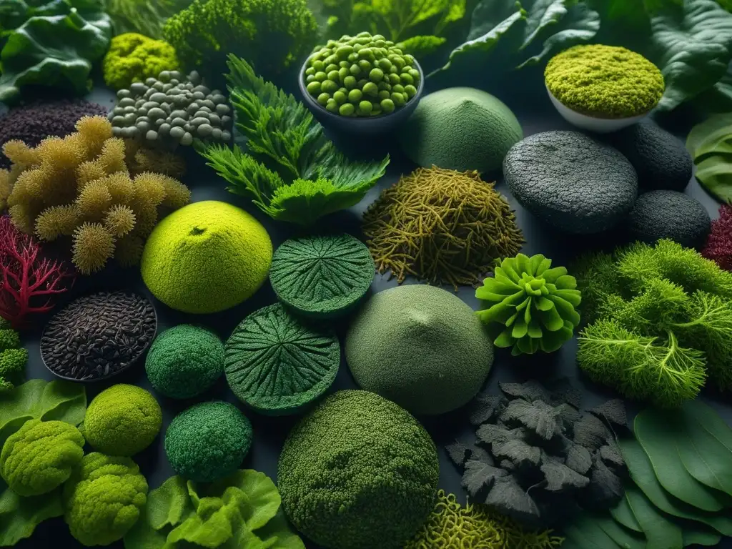 Una obra de arte detallada de algas vibrantes como spirulina, nori, kelp y dulse, resaltando la belleza y diversidad de estos superalimentos vegetales