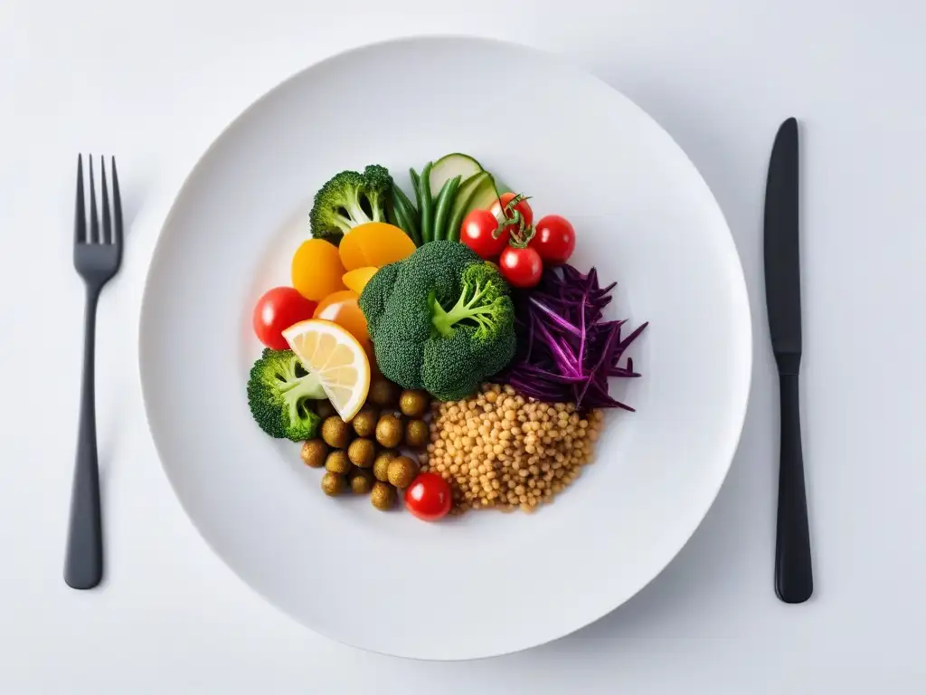 Una obra de arte gastronómica vegana y minimalista en un plato blanco, con coloridas verduras y granos