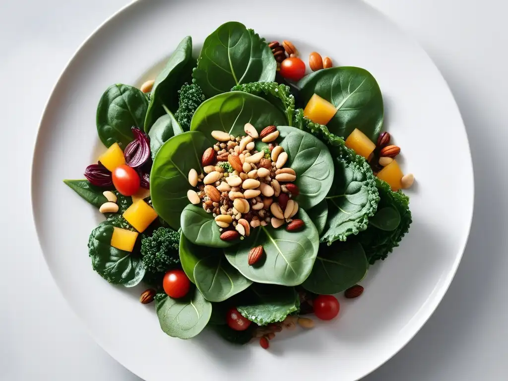 Variado plato vegano: verduras vibrantes ricas en magnesio Una obra de arte moderna con variadas verduras coloridas resaltando fuentes de magnesio para veganos