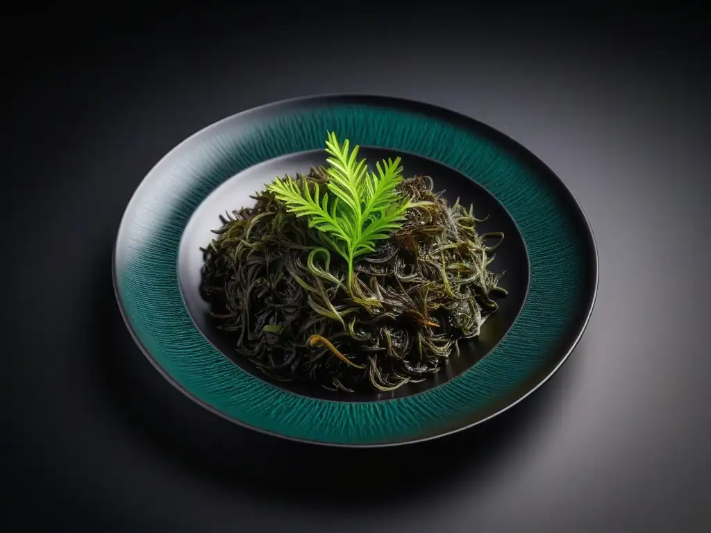 Una obra de arte natural con una variedad vibrante de algas kombu frescas en un plato negro