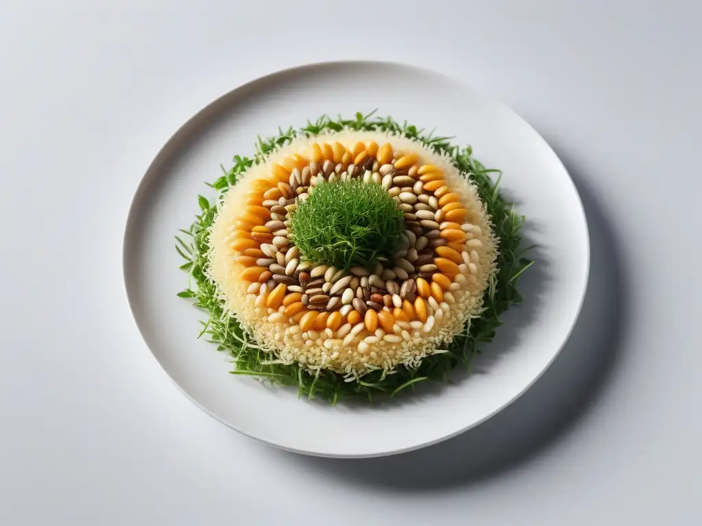 Una obra de arte con semillas germinadas coloridas y vibrantes en un plato blanco moderno