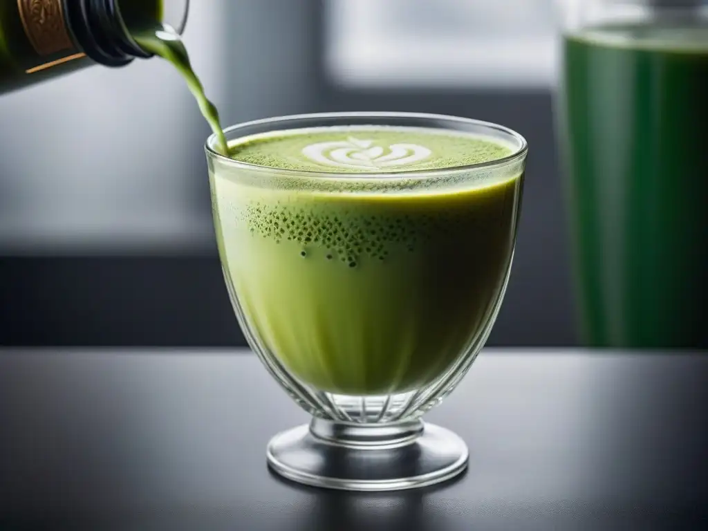 Una obra de arte en una taza: matcha verde vibrante en un elegante vaso transparente