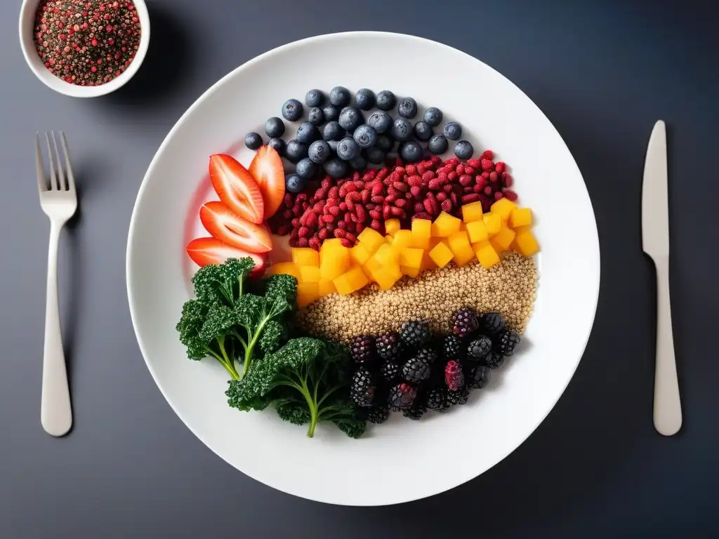 Una obra de arte vegana: superfoods vibrantes como quinua, kale, arándanos, chía y bayas de goji en un elegante plato blanco