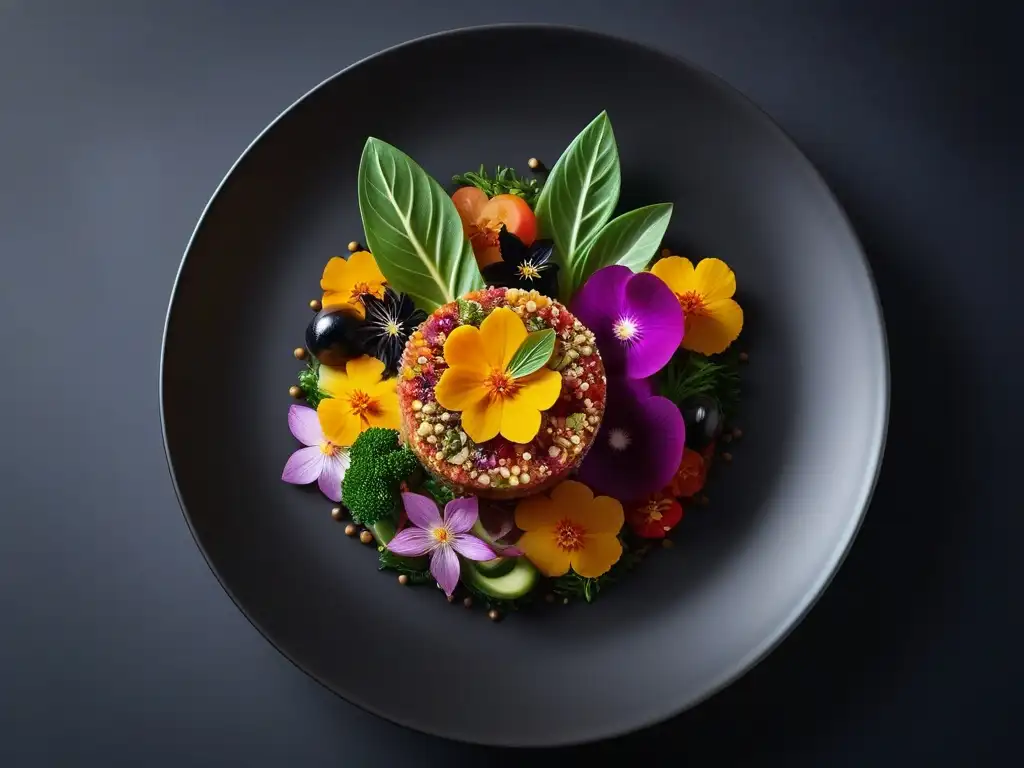 Una obra de arte visual culinaria vegana con una exquisita presentación y colorida composición de vegetales, hierbas y flores comestibles