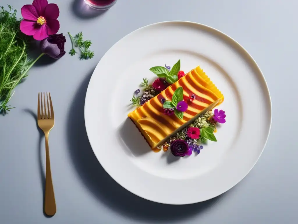 Una obra de arte visual: una vibrante y detallada presentación de platos veganos en un elegante plato blanco en una cocina contemporánea