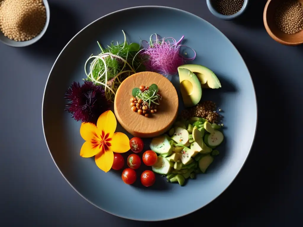 Una obra culinaria vegana con fusiones gastronomía internacional en un plato moderno y vibrante