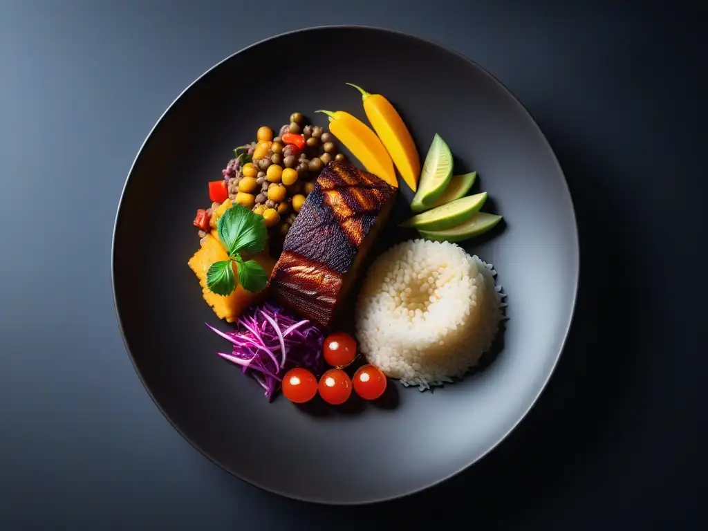 Una obra culinaria vegana inspirada en África, vibrante y detallada, en un elegante escenario