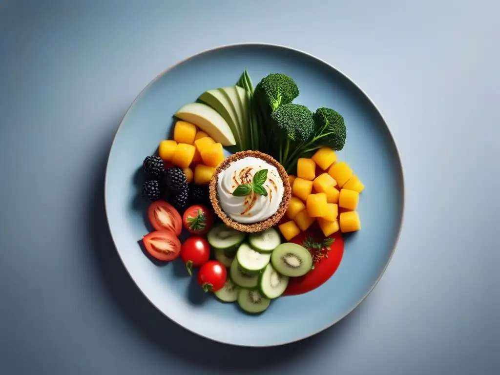 Una obra maestra del arte culinario vegano minimalista: composición vibrante de colores y texturas en un plato moderno y elegante