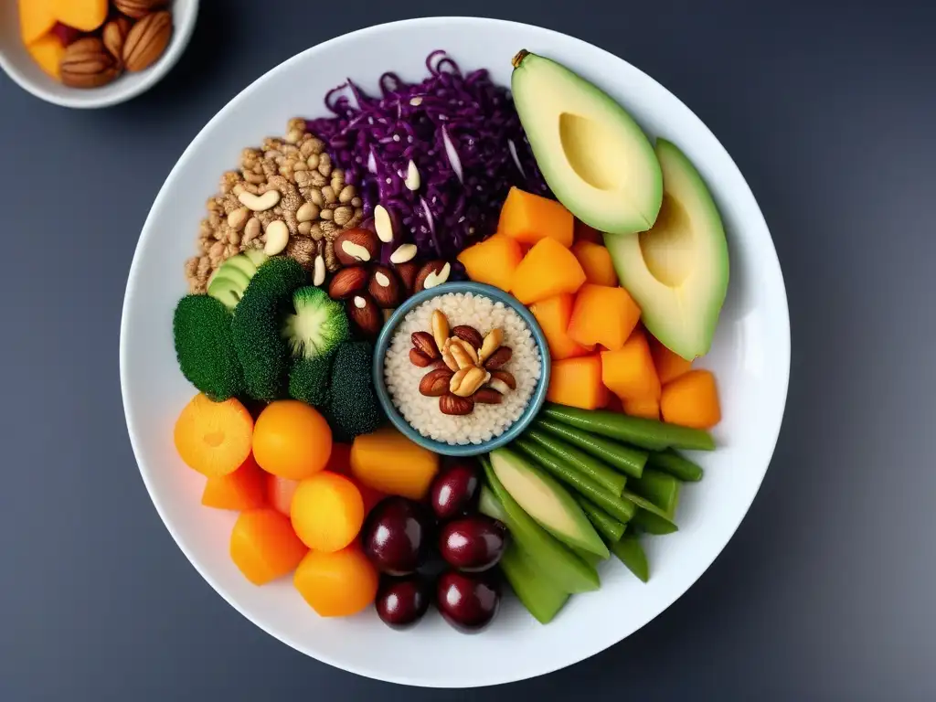 Una obra maestra de la cocina vegana: un bowl Buddha vegano perfectamente organizado con ingredientes frescos y coloridos en un plato blanco minimalista