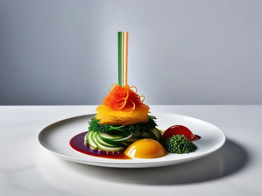 Una obra maestra culinaria moderna con una explosión de coloridos platillos veganos, presentados con elegancia en un plato blanco