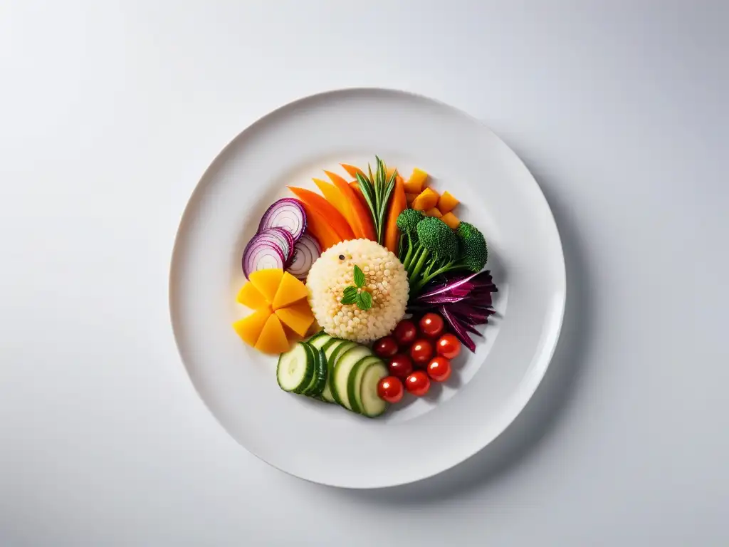 Una obra maestra culinaria vegana con técnicas de cocina innovadoras en un plato minimalista y colorido