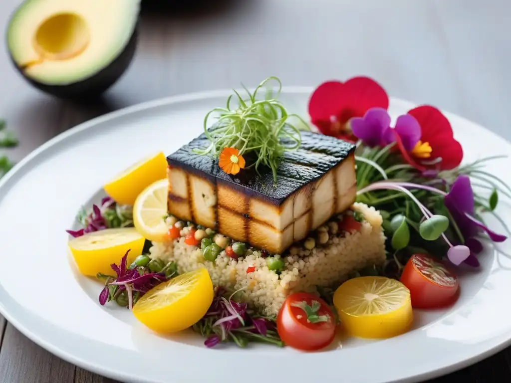 Una obra maestra culinaria vegana fusionada con colores vibrantes y texturas, en una presentación elegante