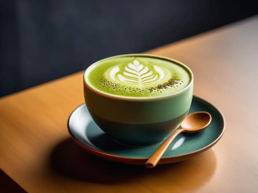 Una obra maestra de matcha premium vegano en una taza de cerámica minimalista sobre una mesa de madera clara