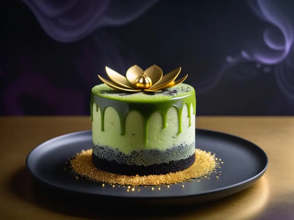 Una obra maestra de la pastelería vegana mundial: exquisito pastel de matcha y sésamo negro con hojuelas de oro y pétalos de orquídea