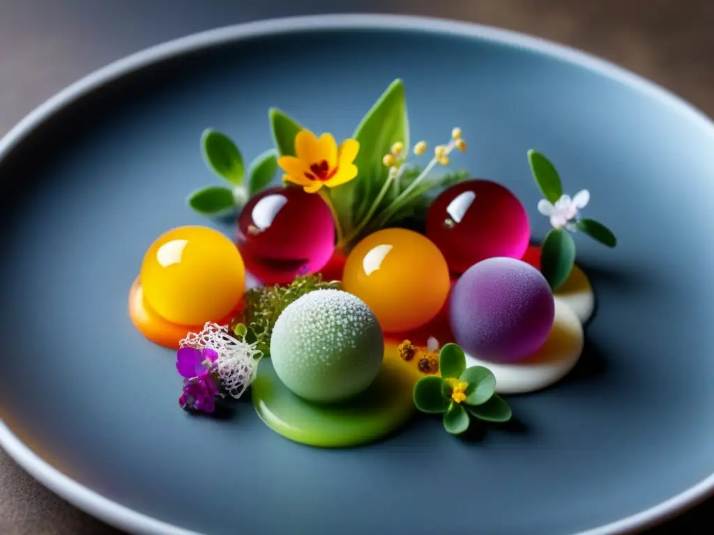 Una obra maestra de la gastronomía molecular vegana: esferas, geles y espumas coloridas en un elegante plato minimalista