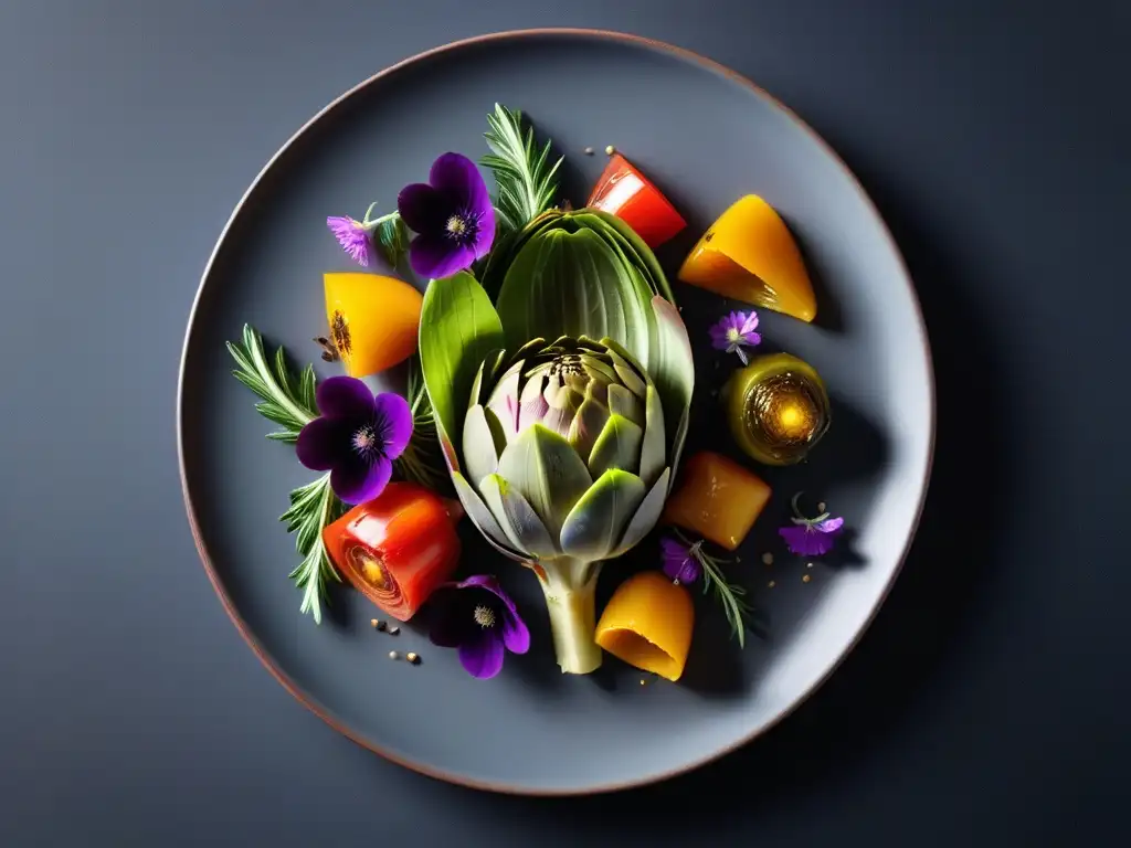 Una obra maestra vegana gourmet con alcachofas como protagonistas, rodeadas de verduras asadas y flores comestibles, en un plato moderno y elegante