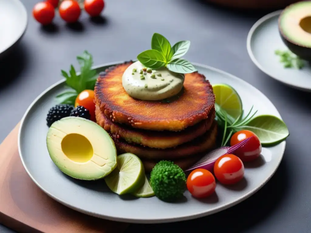 Una obra maestra vegana: torre de schnitzel vegano dorado con aioli de aguacate, rodeada de vegetales y frutas