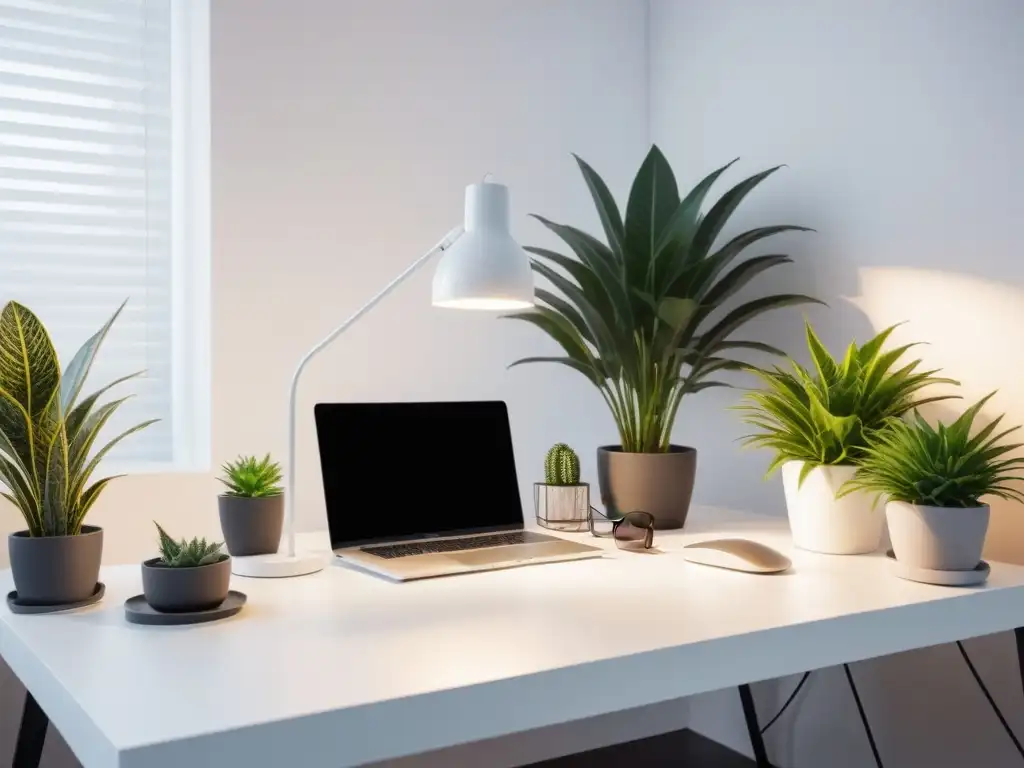 Oficina vibrante con escritorio blanco, plantas, laptop y lámpara, ideal para emprendimientos veganos y planificación estratégica