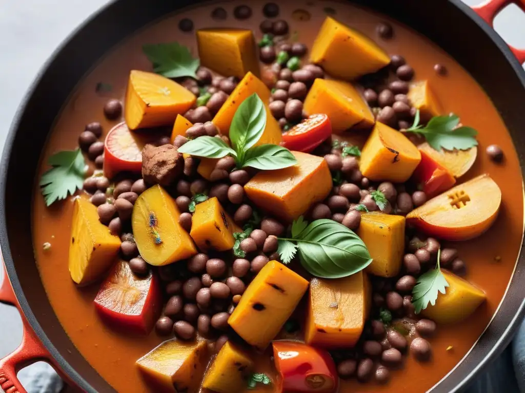 Una olla burbujeante llena de Mafe vegano africano occidental con batata, plátano, pimiento y guisantes negros en salsa de maní y tomate