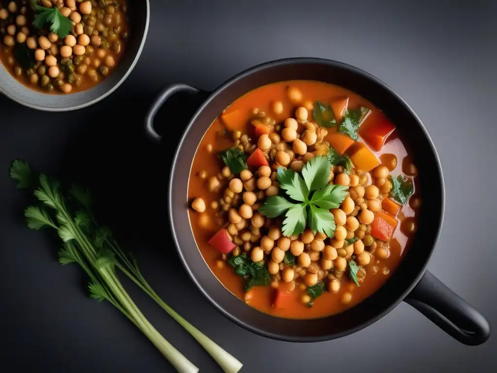 Una olla burbujeante de sopa vegana harira sin carne, llena de coloridos ingredientes y aromas exóticos, lista para deleitar tus sentidos