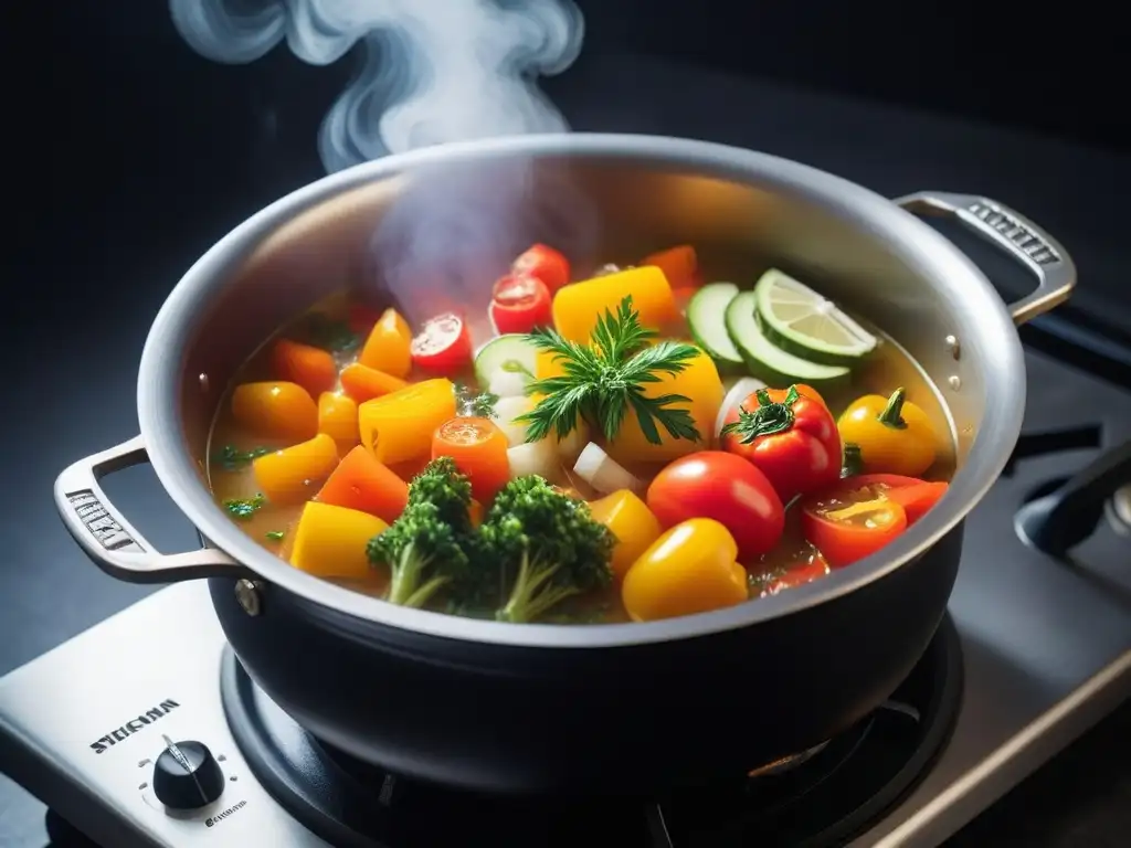 Una olla humeante llena de vegetales frescos y coloridos, listos para una deliciosa sopa vegana europea