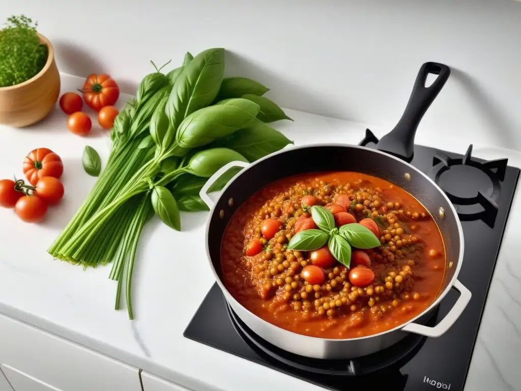 Una olla humeante con Salsa Boloñesa Vegana Receta Secreta, rodeada de ingredientes frescos en una cocina moderna