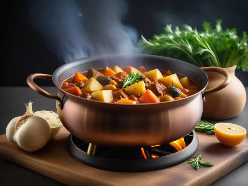 Una olla húngara tradicional rebosante de estofado vegano vibrante, con verduras de raíz y especias, en una cocina rústica