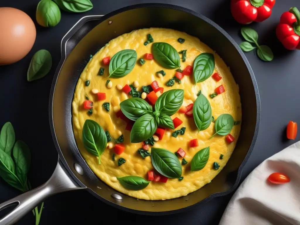 Un omelette vegano vibrante con beneficios sustitutos veganos lácteos, repleto de coloridas verduras en una sartén moderna