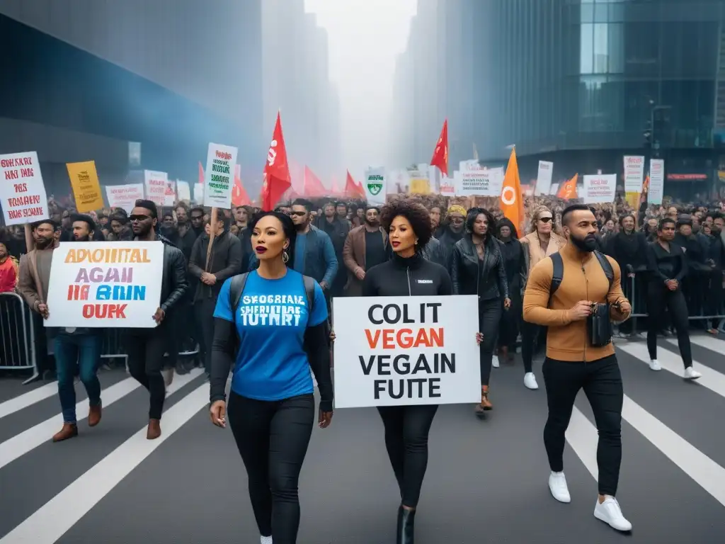 Manifestación pacífica por la protección animal, diverso grupo sostiene carteles coloridos promoviendo la Importancia del veganismo