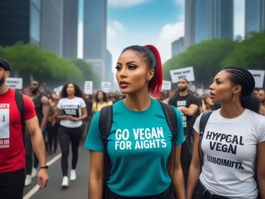 Manifestación pacífica por los derechos animales con una joven apasionada en camiseta 'Go Vegan'