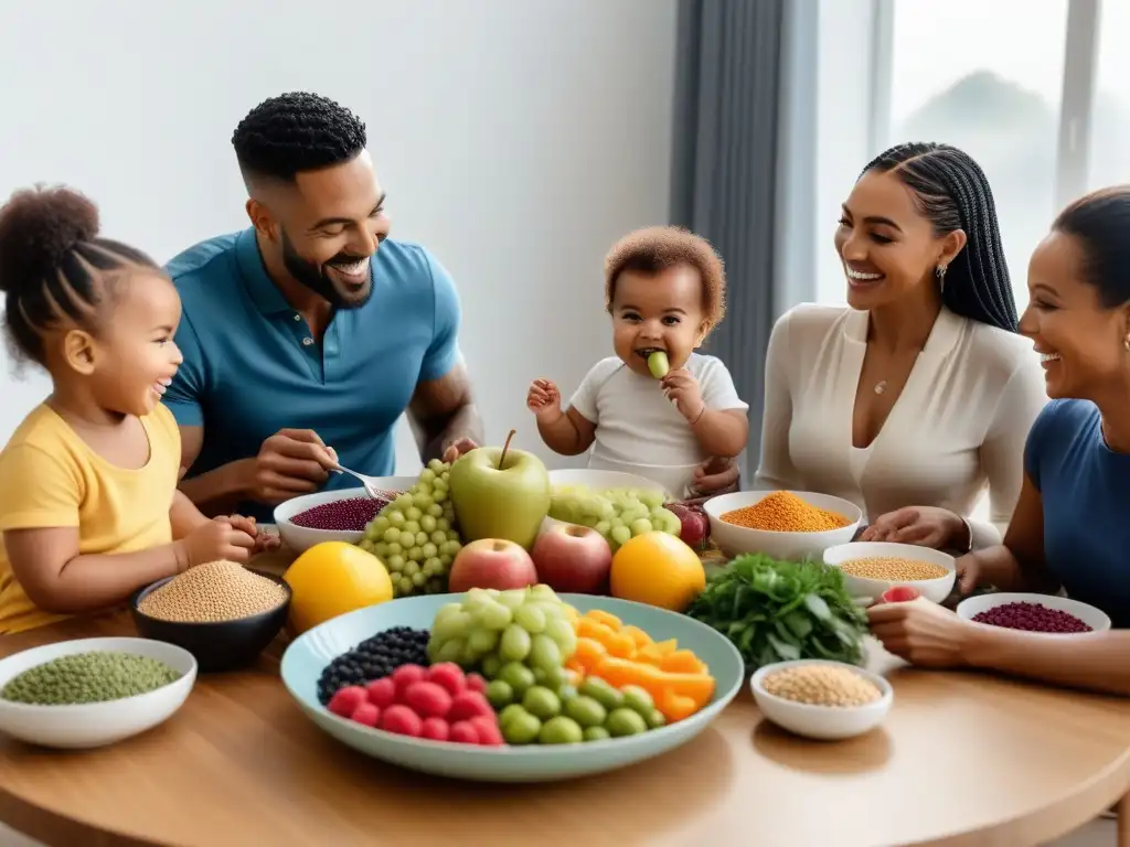Padres veganos alimentando a sus bebés con alimentos sólidos veganos en comunidad amorosa y moderna