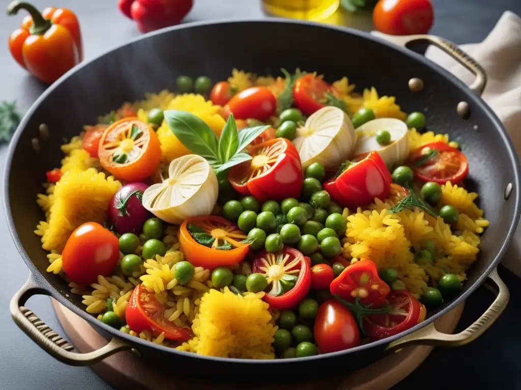 Una paella vegana fácil llena de color y sabor con pimientos, guisantes, alcachofas, tomates cherry y azafrán