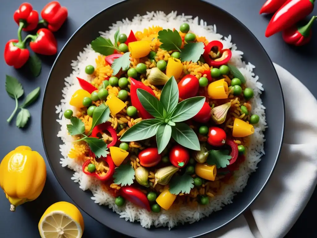 Una paella vegana vibrante y detallada con vegetales frescos y arroz de azafrán, presentada con elegancia