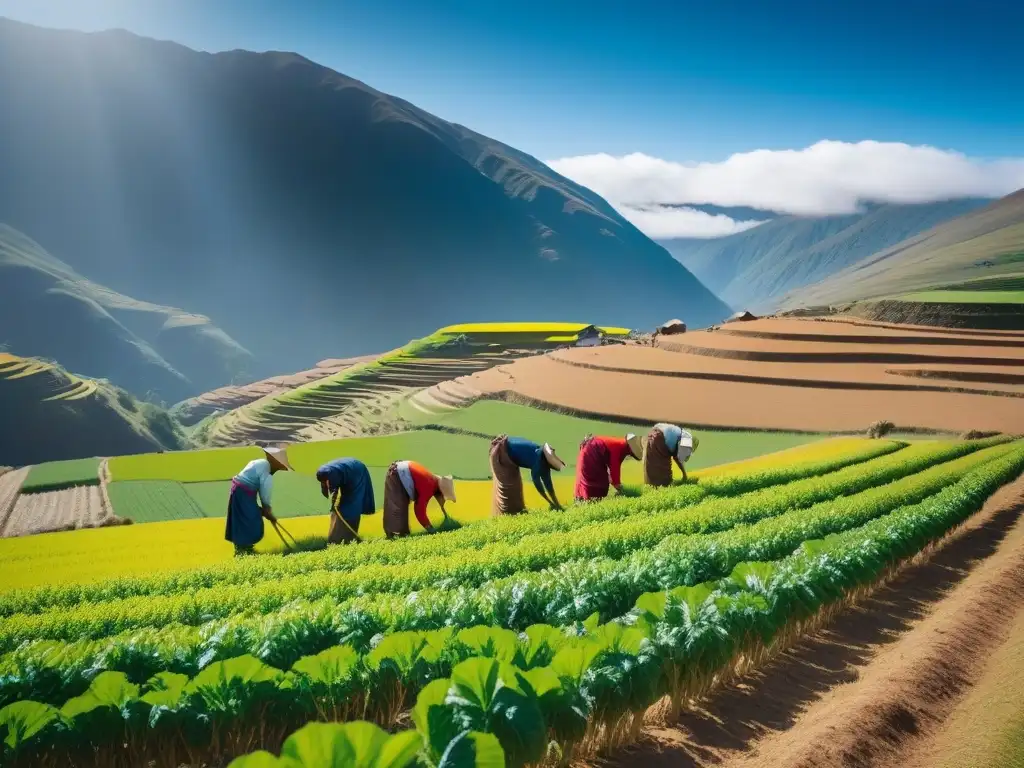 Un paisaje andino vibrante con agricultores indígenas cosechando la maca, resaltando los beneficios de este superalimento para la salud sexual