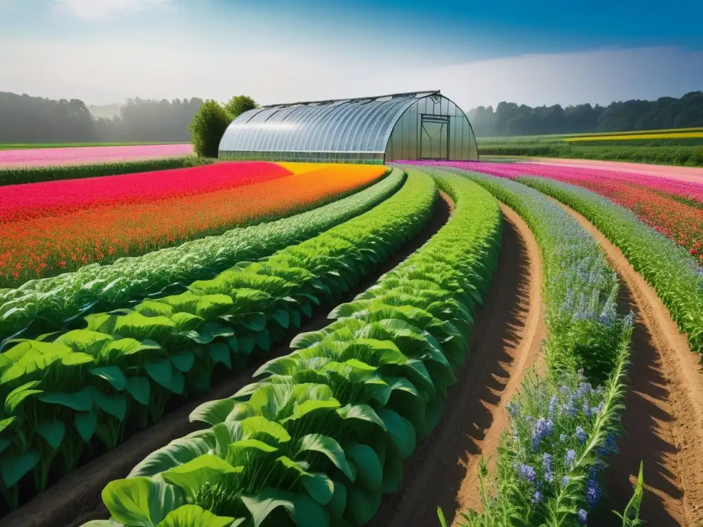 Un paisaje agrícola exuberante y sostenible con cultivos verdes y flores silvestres