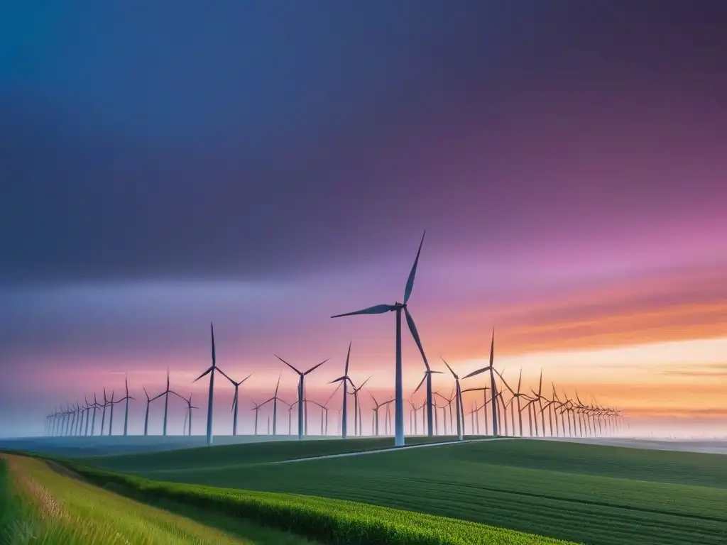 Un paisaje futurista y sostenible: molinos de viento al atardecer, fusionando sostenibilidad en gastronomía vegana