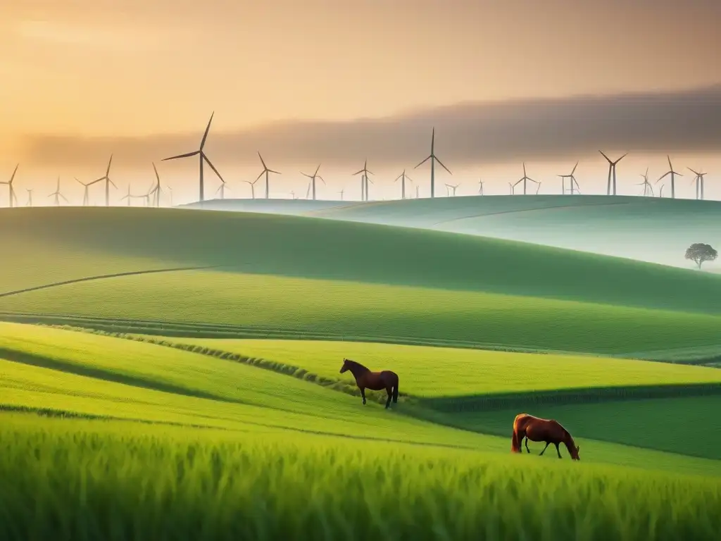 Paisaje de granja sereno al amanecer con animales felices y símbolos veganos, evocando armonía y despertar hacia el veganismo