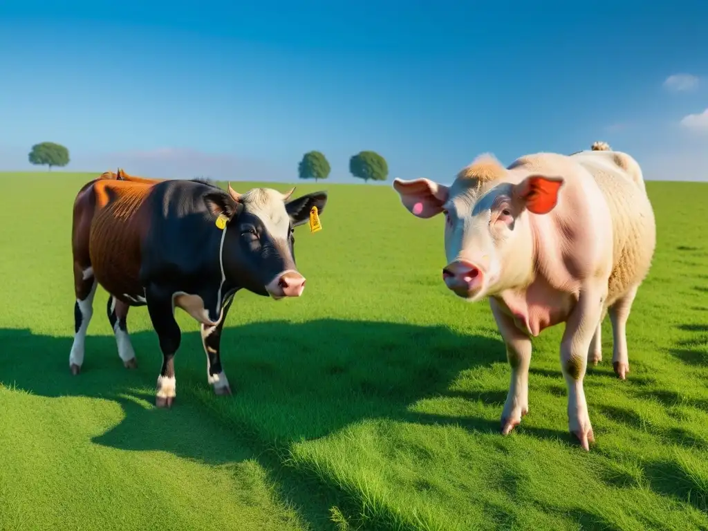 Un paisaje idílico de animales en armonía, pastando juntos en un prado verde bajo un cielo azul claro